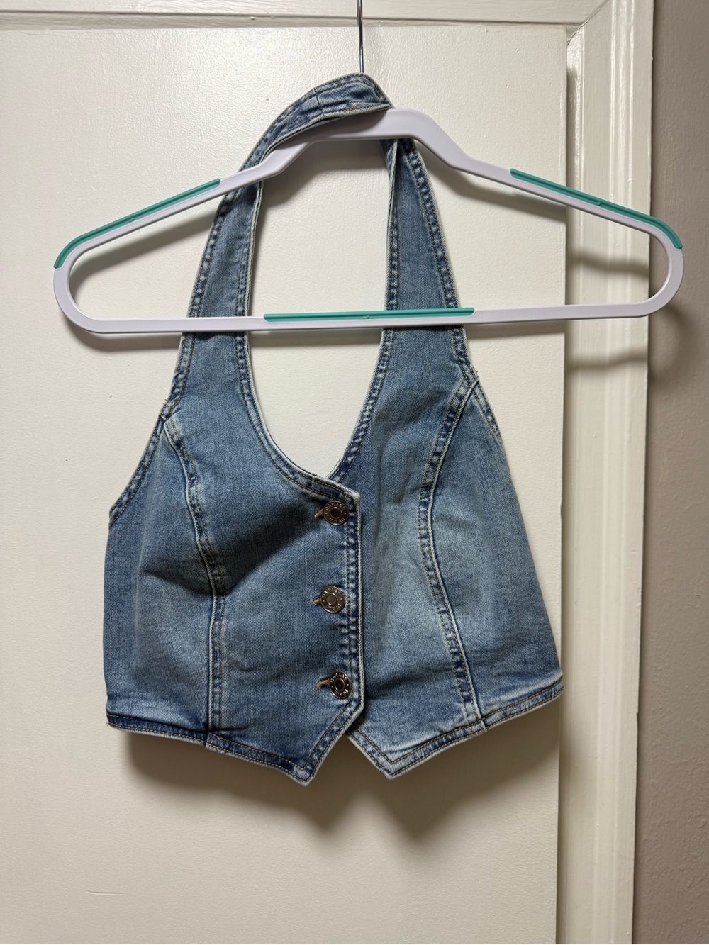 Garage Light Blue Denim Halter Crop Top